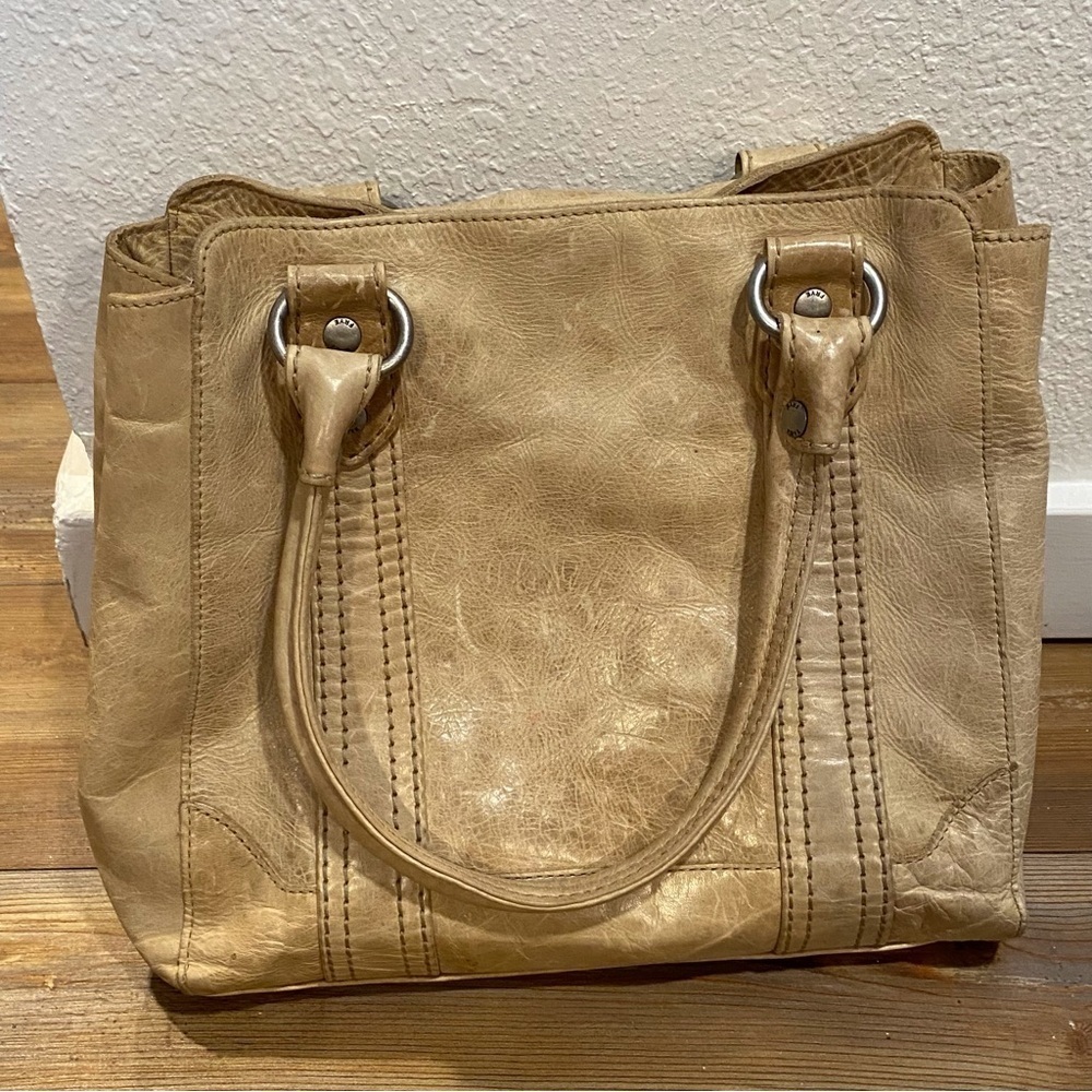 Frye Tan Shoulder Bag with Metallic Hardware and Stitched Panels